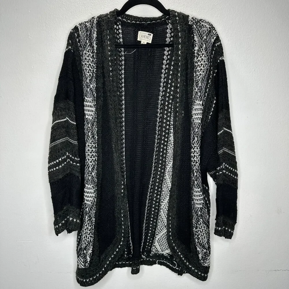 LA Hearts Black Gray and Cream Striped Knit Long Line Open Cardigan Sweater OS - Picture 2 of 14